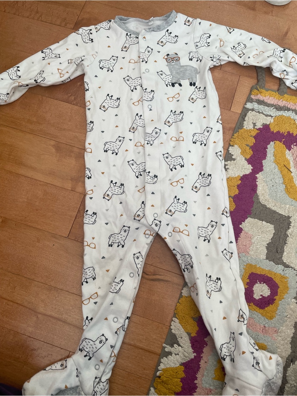 Pekkle Baby Footed One-Piece Pajamas in White with Llama Print